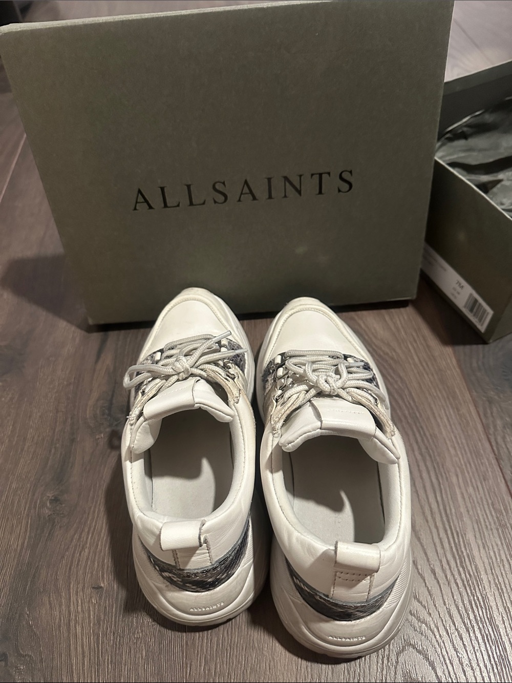 AllSaints White Sneakers with Snake-Print and Silver Hardware